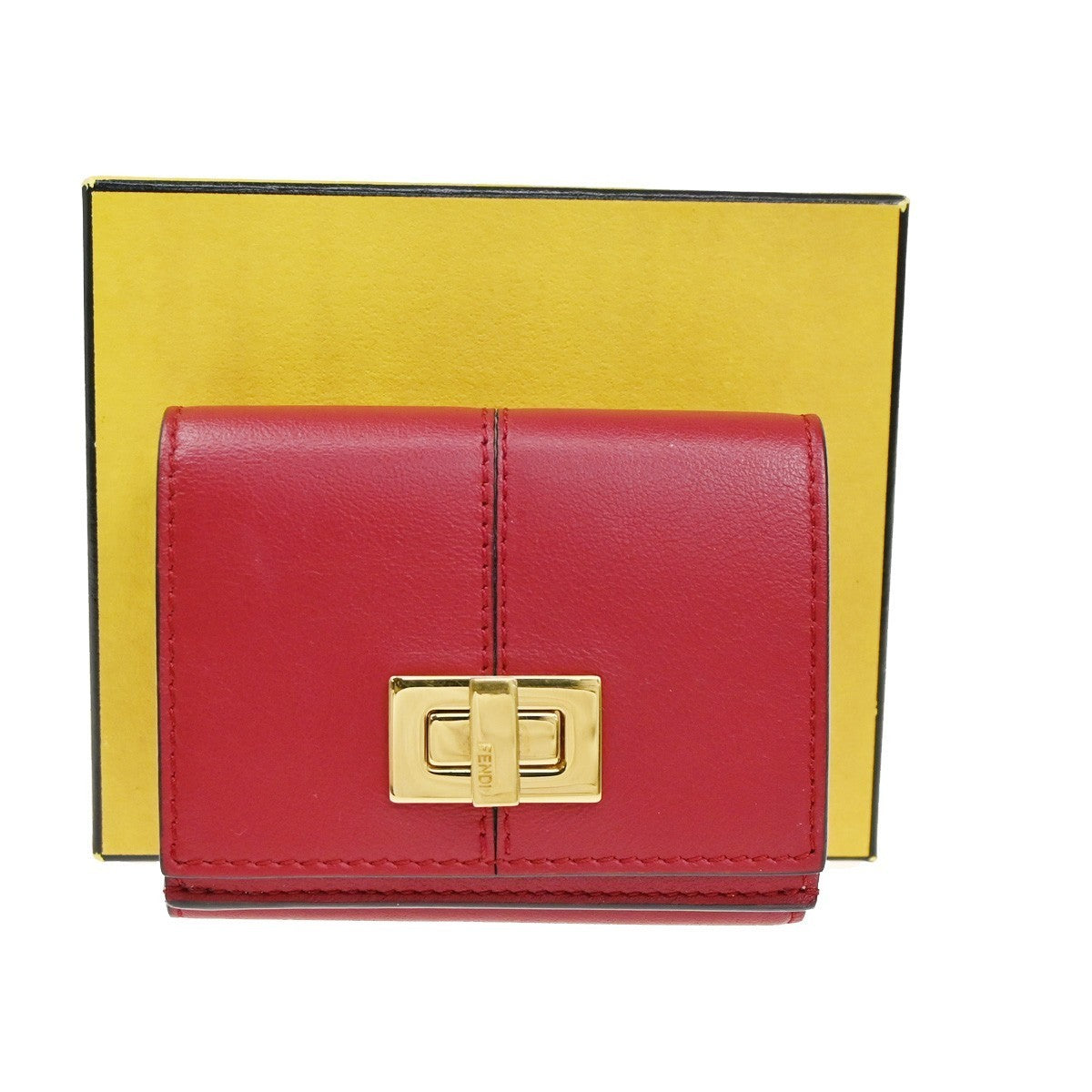 FENDI Logo Peekaboo Compact Trifold Wallet Purse Leather Red GHW Italy 30KB578