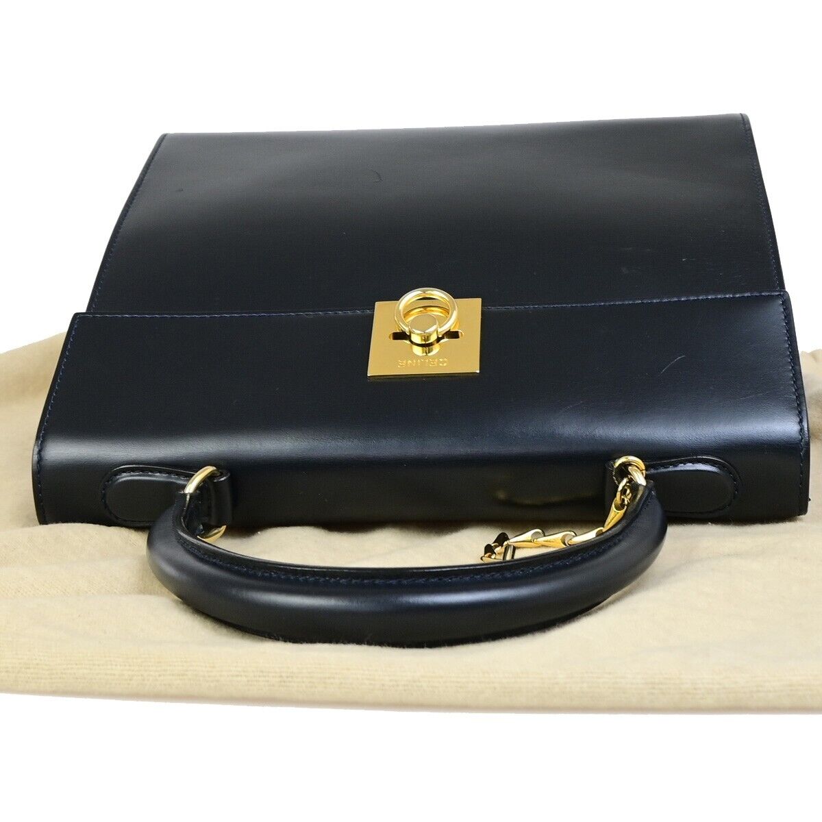 CELINE Logo Top Handle Hand Bag Leather Navy Blue GHW Made in Italy 34EC891