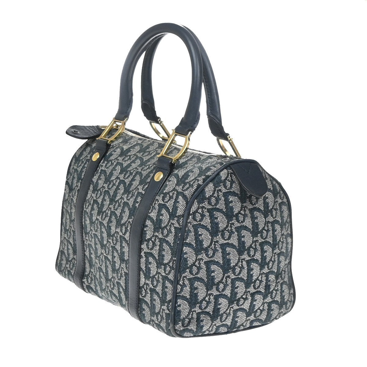 CHRISTIAN DIOR Logo Trotter Pattern Hand Bag Canvas Leather Navy Blue 93YH969