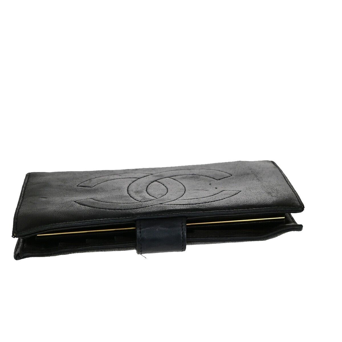 CHANEL CC Long Bifold Wallet Purse Leather Black GHW France Vintage 09EB001