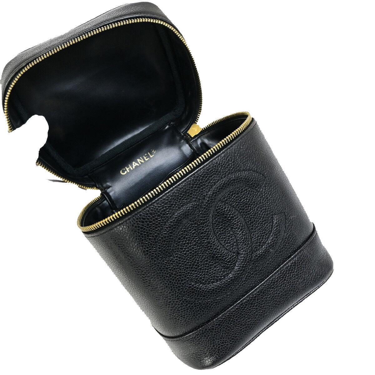 CHANEL CC Logo Vanity Hand Bag Caviar Skin Leather Black GHW Vintage 25RK294