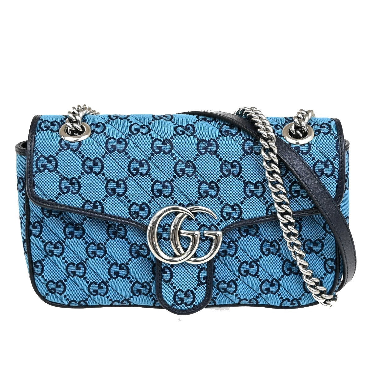 GUCCI GG Pattern Marmont Chain Shoulder Bag Canvas Leather Blue SHW 631RF272