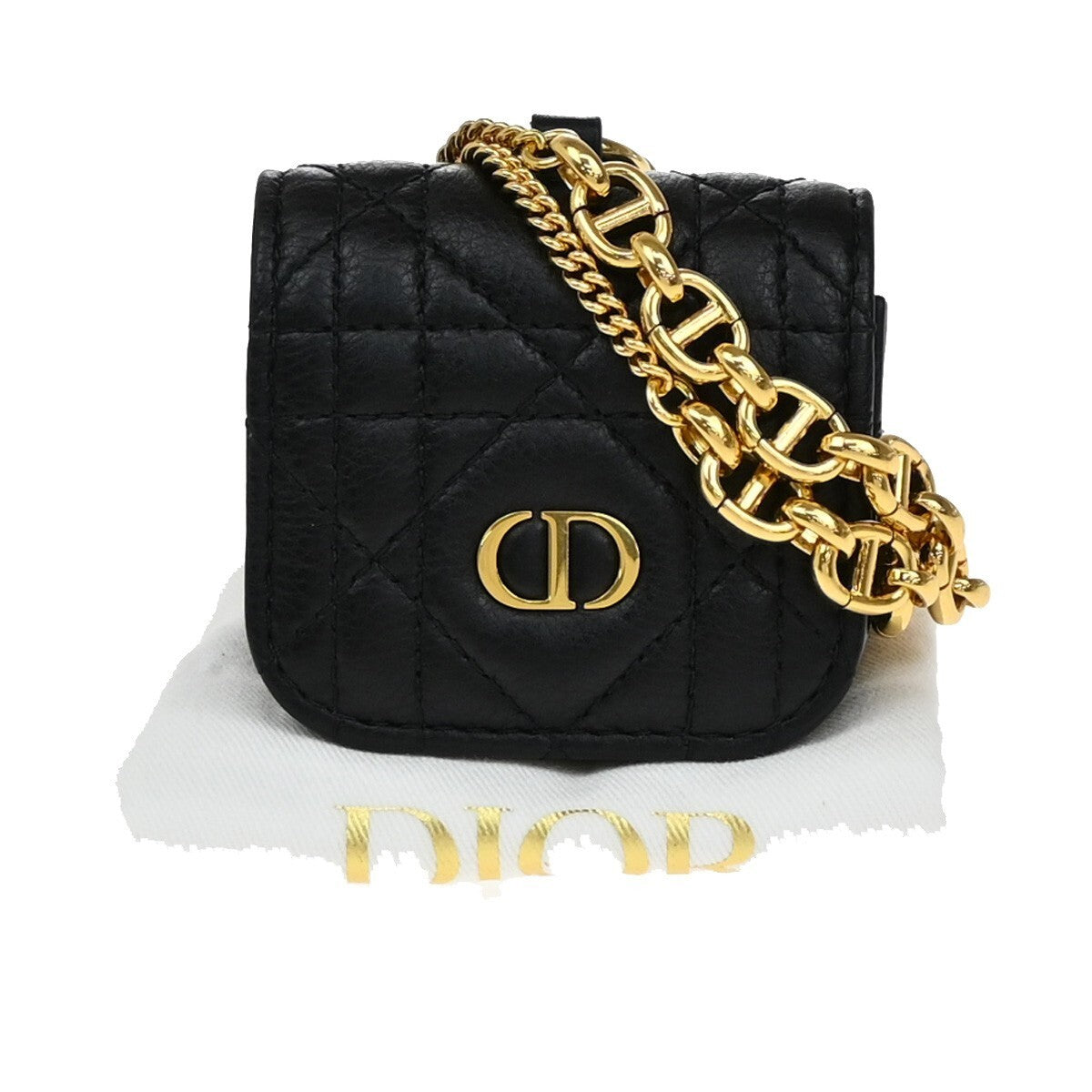 CHRISTIAN DIOR Logo Lady Cannage Air Pods Case Leather Black GHW Italy 82RF260