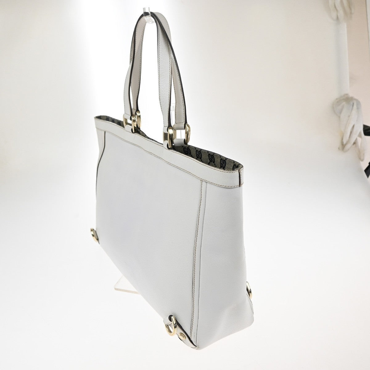 GUCCI Logo GG Pattern Abbey Shoulder Tote Bag Canvas Leather White GHW 34TA557