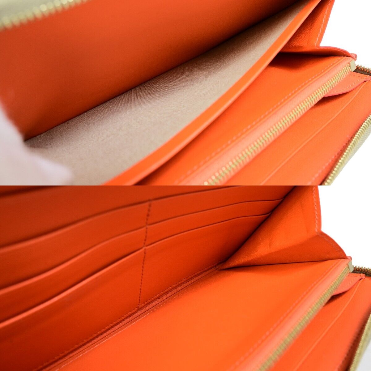 CELINE Logo Bicolor Round Zipper Long Wallet Canvas Leather Beige Orange 09KA373