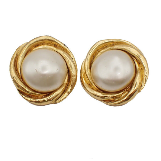 CHANEL Logo Imitation Pearl Round Button Earrings Clip-On GHW Vintage 31YE514