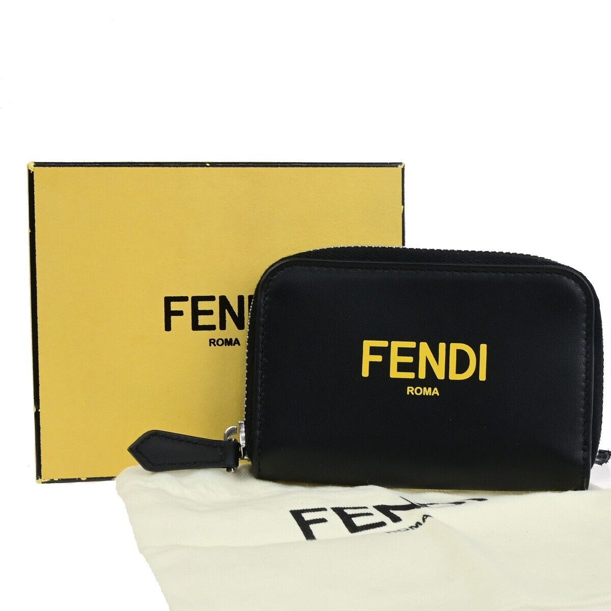 FENDI Logo Coin Case Wallet Purse Leather Black Yellow Silver Italy 36RK788