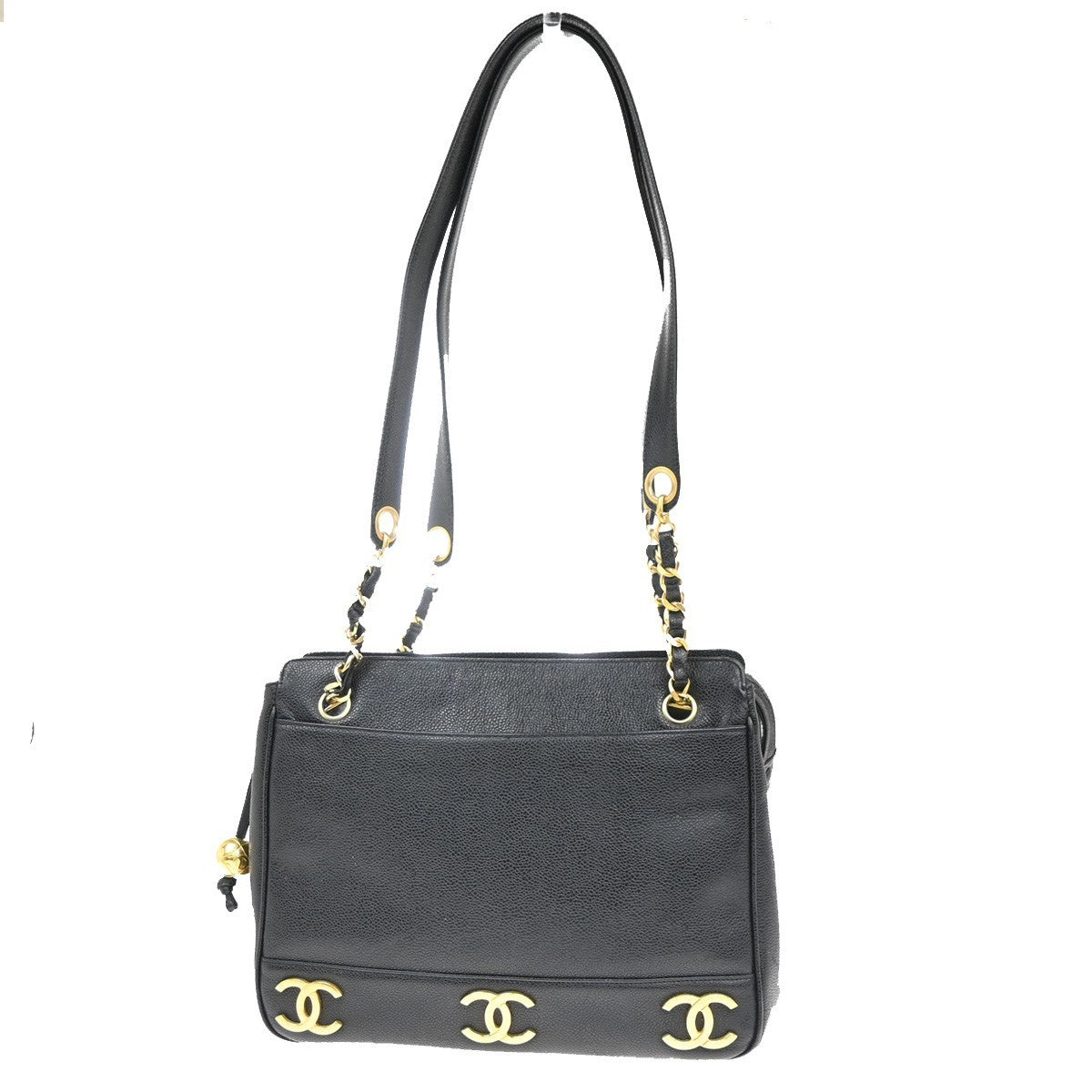 CHANEL Logo Shoulder Hand Bag Grained Calfskin Leather Black GHW Italy 373RL789