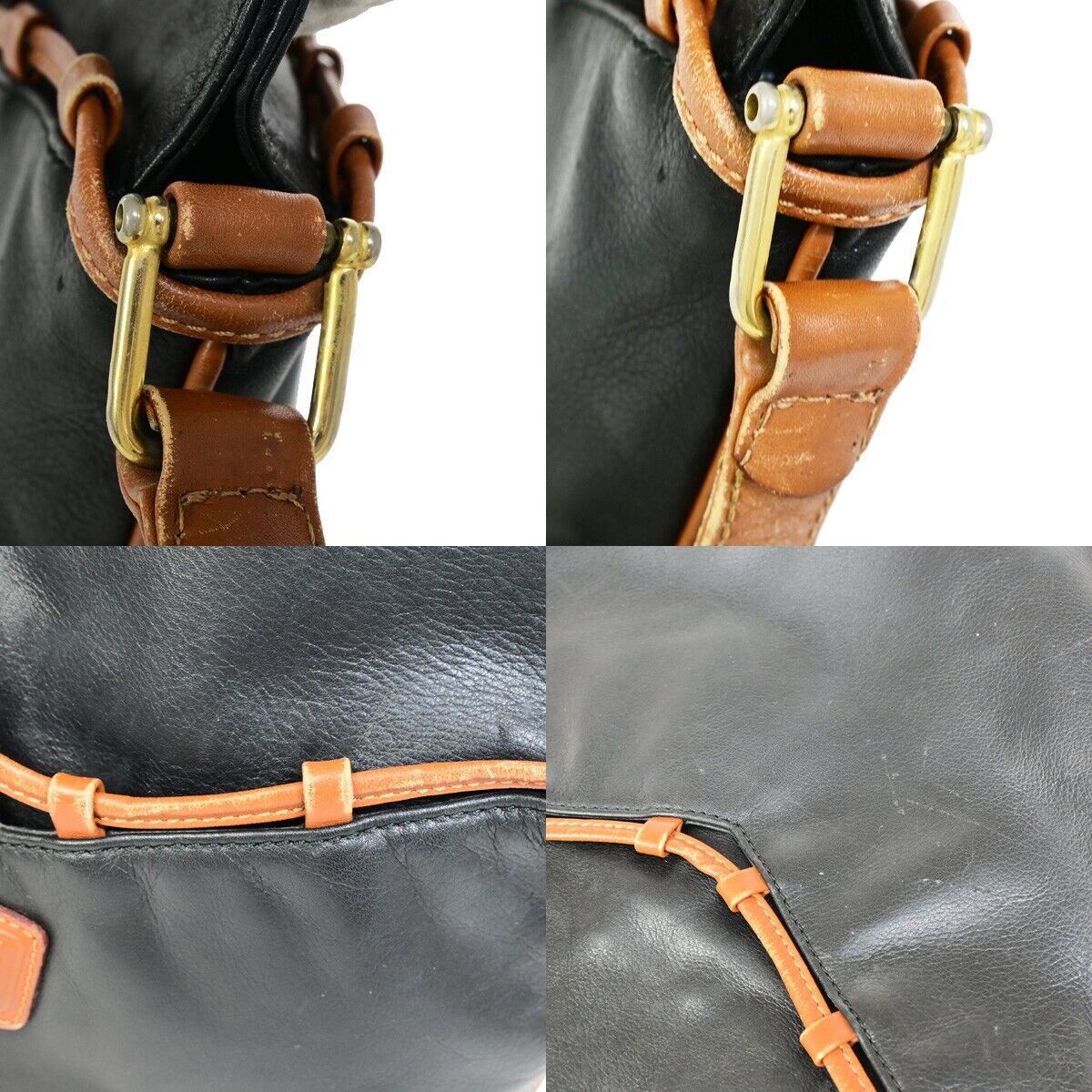 CELINE PARIS Logo Shoulder Bag Leather Black Brown Gold Italy 01EB542