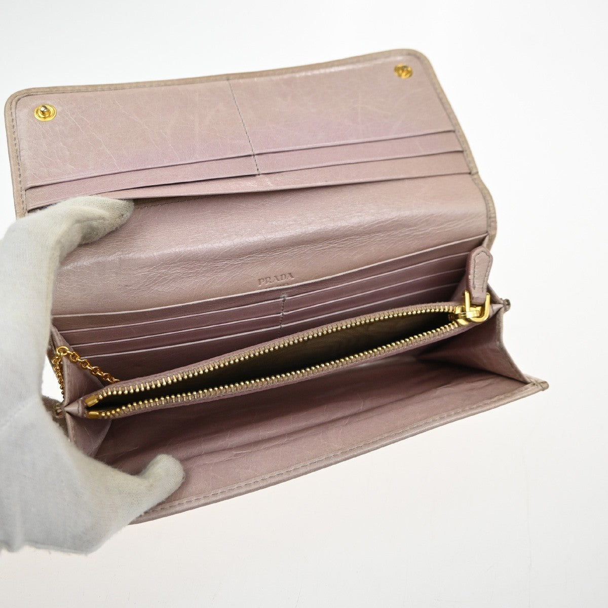 PRADA Logo Bifold Flap Long Wallet  Quilted Leather Pink Beige GHW Italy 01KD035