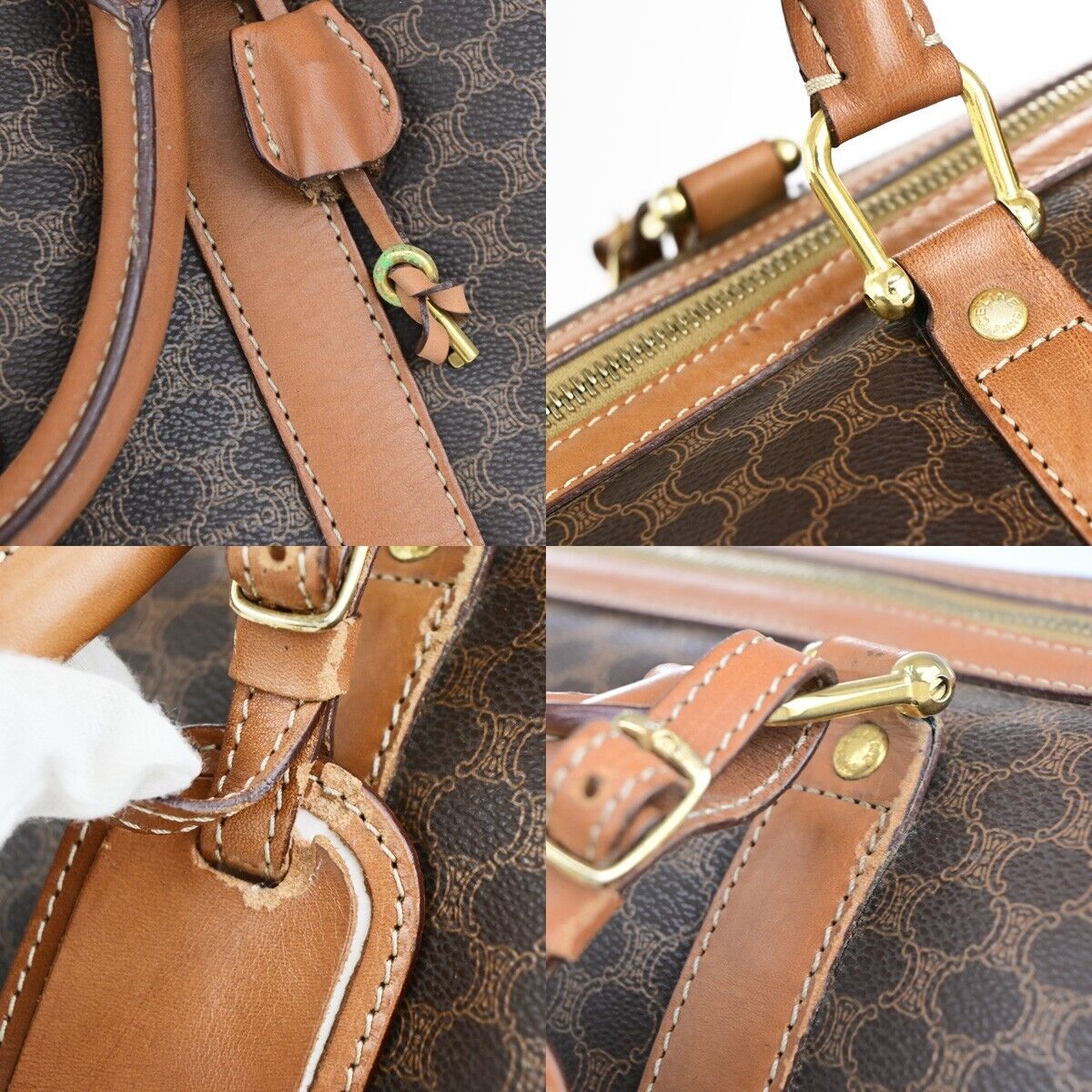 CELINE Logo Macadam Pattern Travel Hand Bag PVC Leather Brown Gold Italy 62EC911