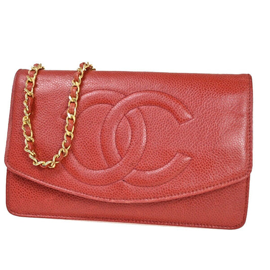 CHANEL CC Logo Chain Shoulder Bag Bifold Wallet Caviar skin Leather Red 671RJ655