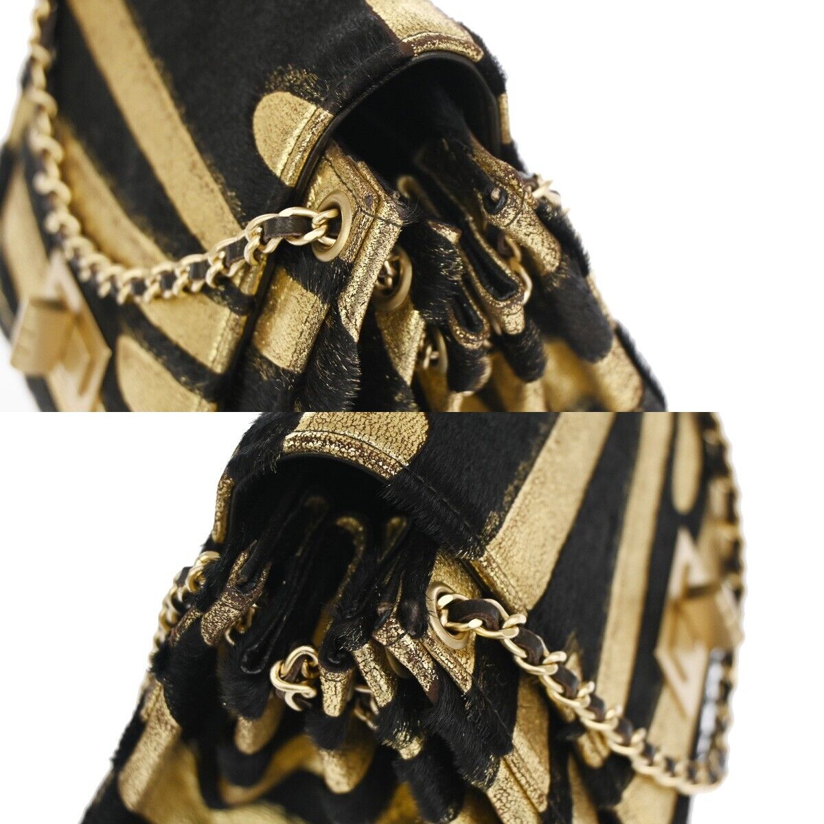CHANEL 2.55 Zebra Chain Mini Hand Bag Fur Leather Black Gold France 629RH277
