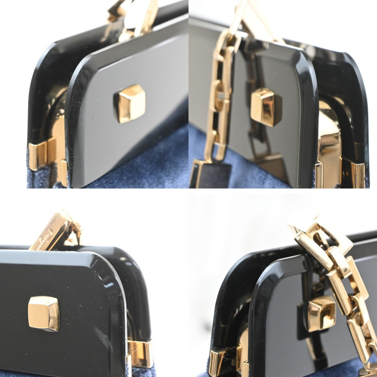 SALVATORE FERRAGAMO Logo Chain Shoulder Bag Velvet Leather Blue GHW 62MA634