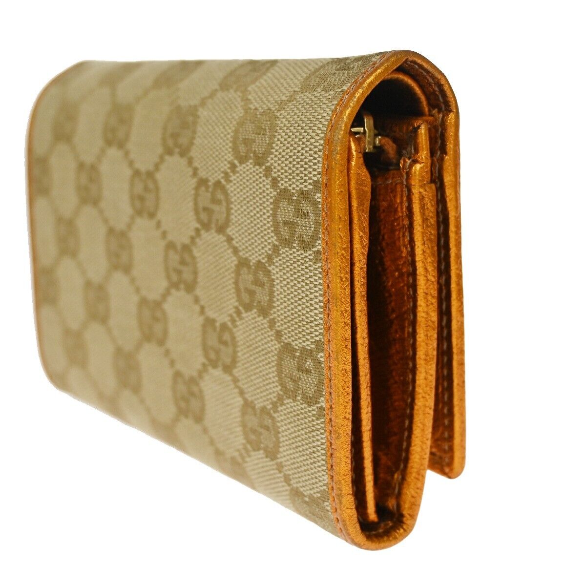 GUCCI GG Pattern Bifold Wallet Purse Canvas Leather Brown Orange Gold 69SH092