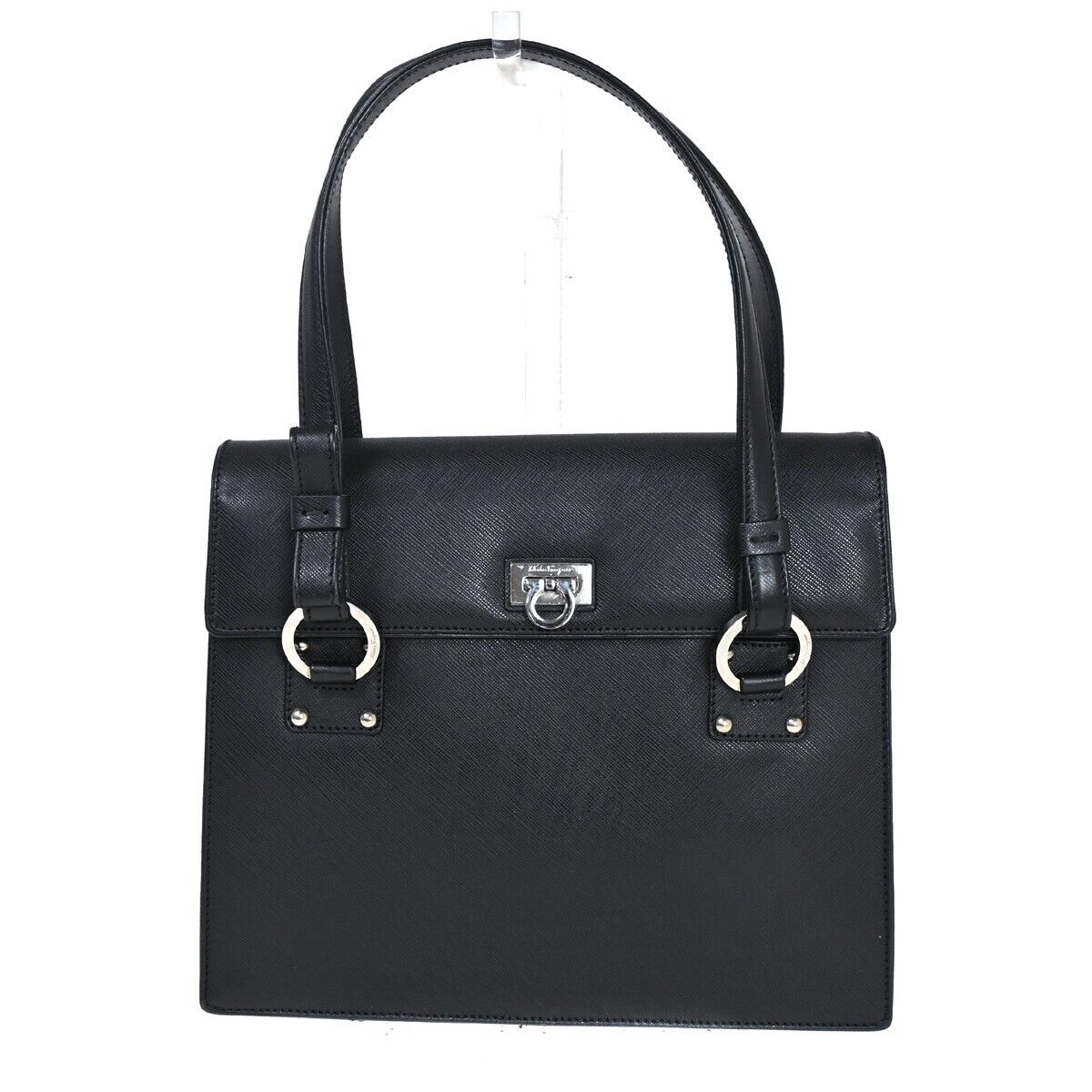 SALVATORE FERRAGAMO Gancini Hand Bag Leather Black Silver Made in Italy 62HB100