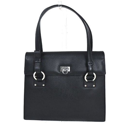 SALVATORE FERRAGAMO Gancini Hand Bag Leather Black Silver Made in Italy 62HB100