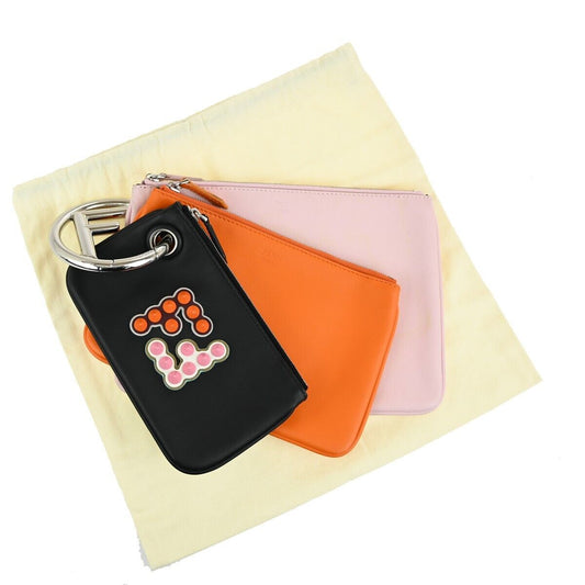 FENDI FF Logo Triplette Pouch Studs Leather Black Orange Pink Italy 35YE400