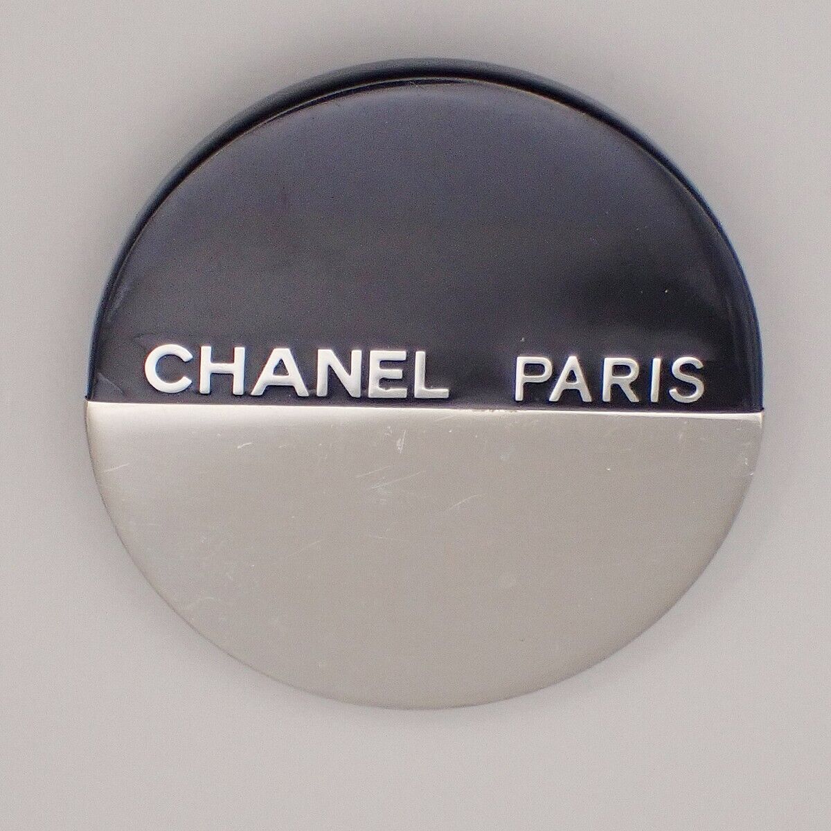 CHANEL Logo Round Bicolor Brooch 00A Metal Plastic Black Silver France 83YE496
