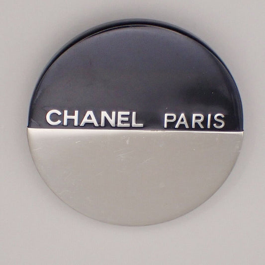 CHANEL Logo Round Bicolor Brooch 00A Metal Plastic Black Silver France 83YE496
