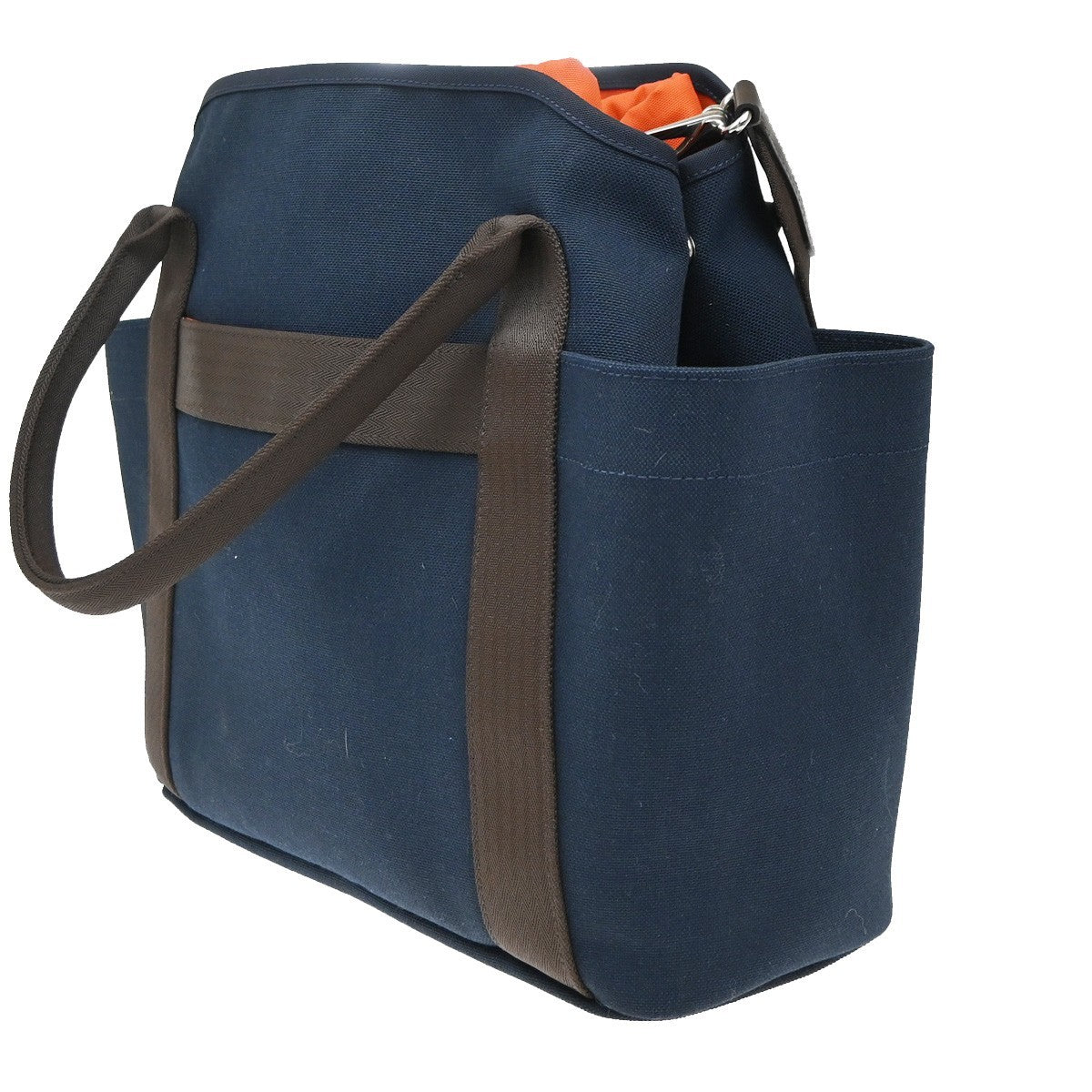 HERMES Logo Grooming 2Way Shoulder Hand Bag Canvas Leather Blue Orange 332LC612
