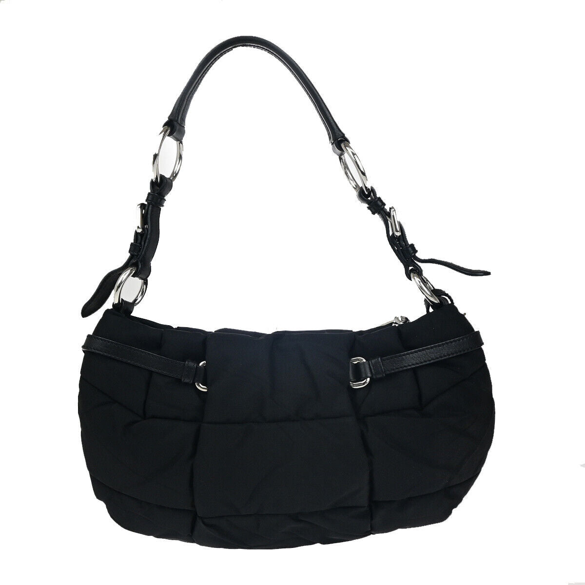 PRADA Logo Crispy Shoulder Bag Nylon Leather Black SHW Italy 17RK079