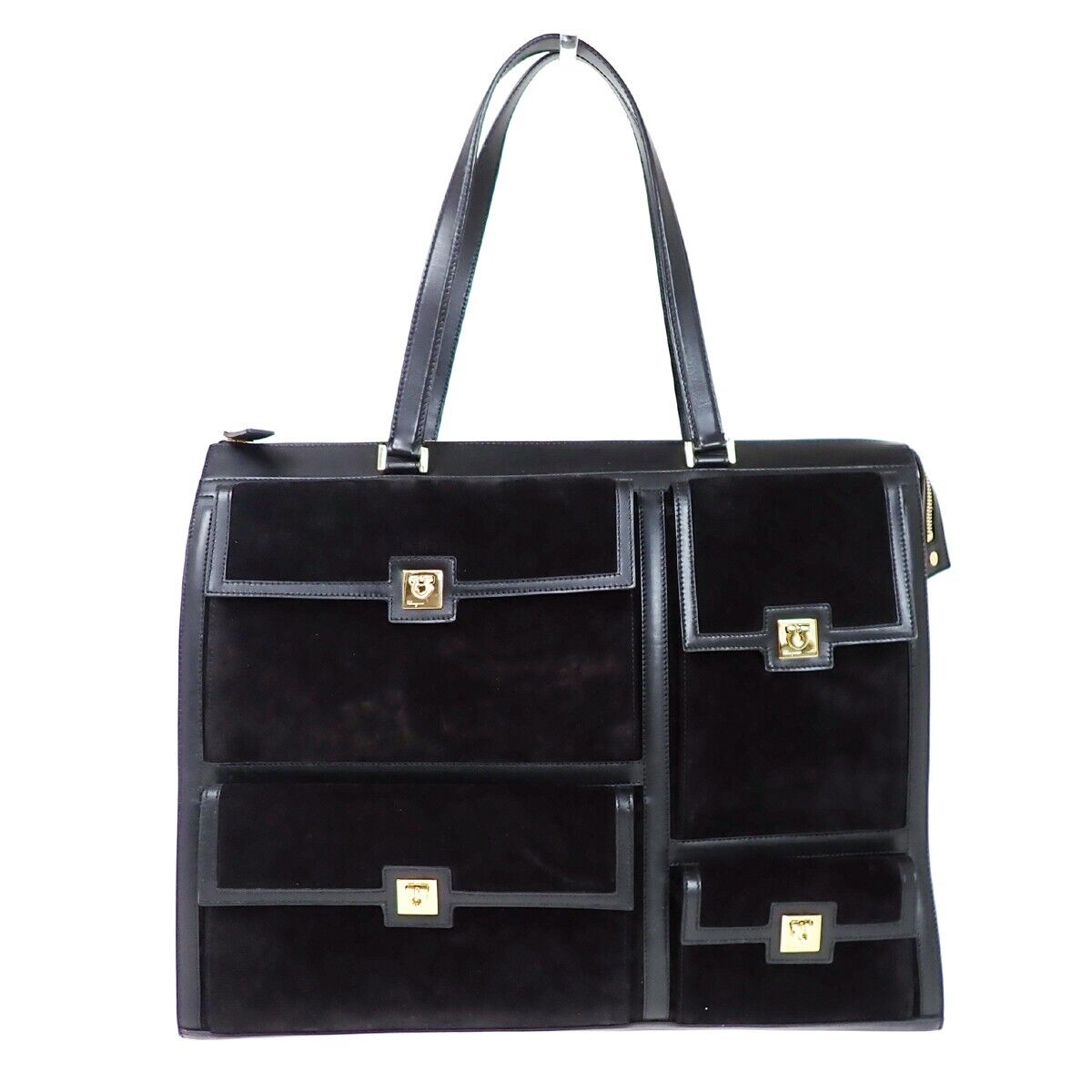 RARE! SALVATORE FERRAGAMO Gancini Shoulder Bag Suede Leather Black Italy 30HB115
