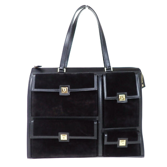 RARE! SALVATORE FERRAGAMO Gancini Shoulder Bag Suede Leather Black Italy 30HB115