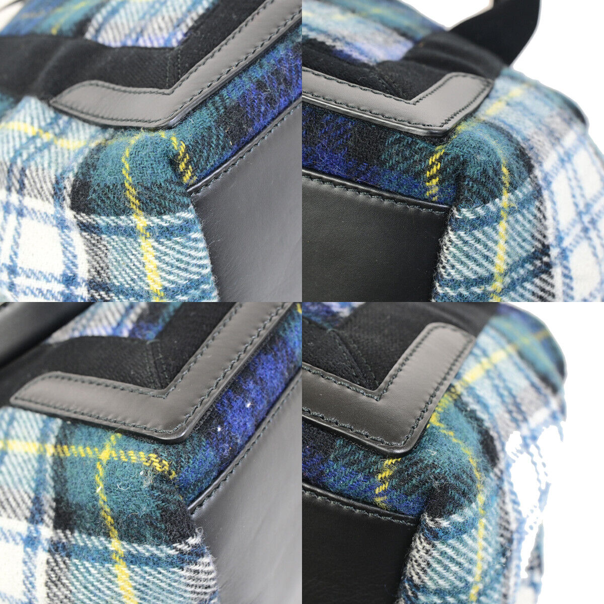 BALENCIAGA Navy Cabas S Hand Tote Bag Check Wool Leatehr Green Black 34RK296