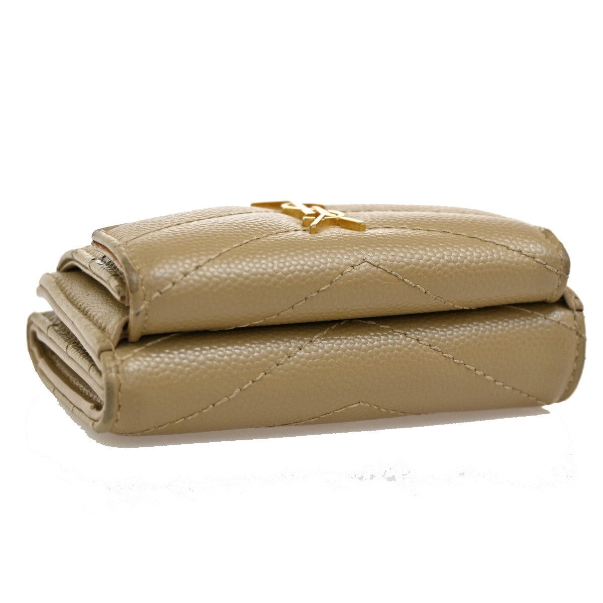 SAINT LAURENT YSL Logo Trifold Compact Wallet Leather Beige Gold Italy 66EE858