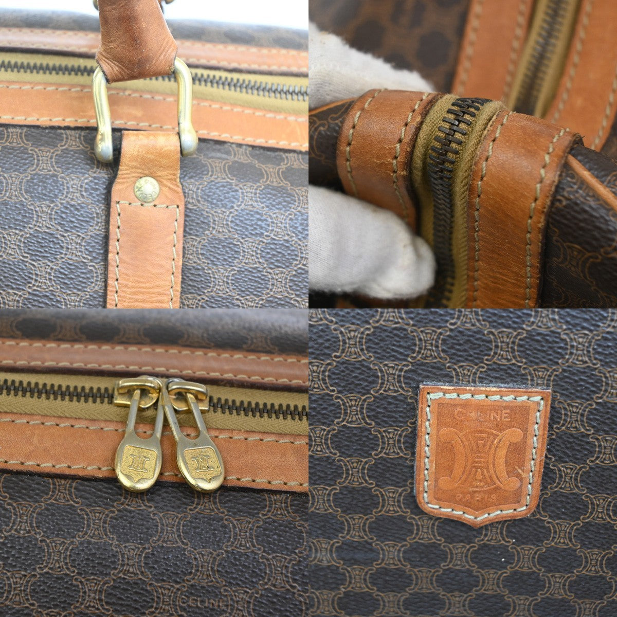 CELINE Logo Macadam Pattern Travel Hand Boston Bag PVC Leather Brown 32TA092