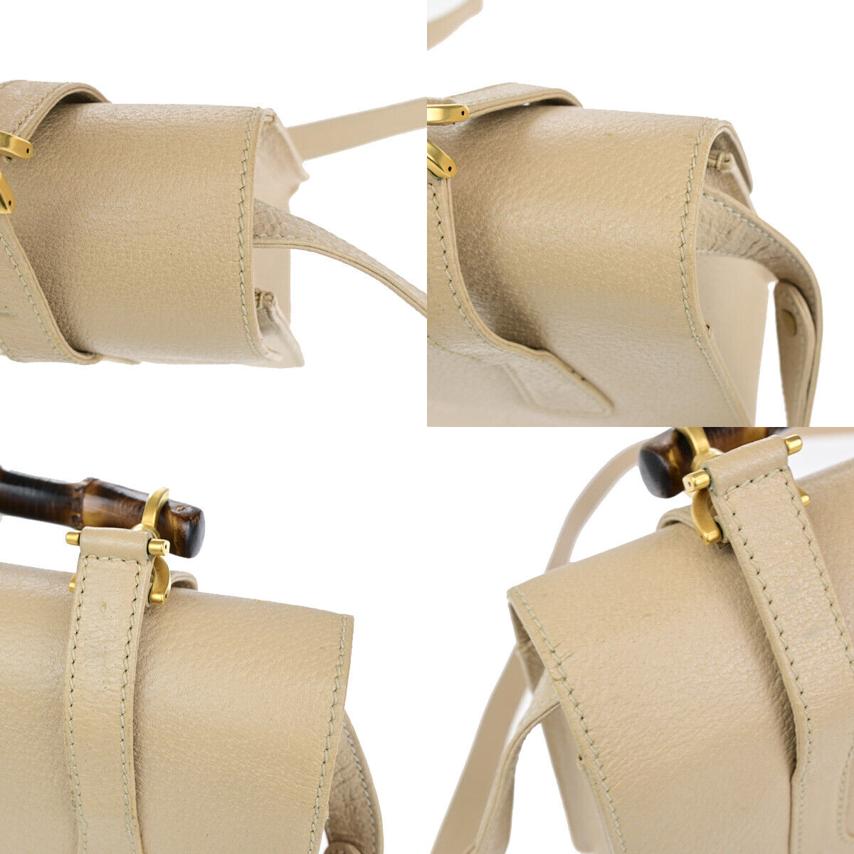 GUCCI Logo Bamboo 2Way Shoulder Hand Bag Leather Beige GHW Italy 95YG616