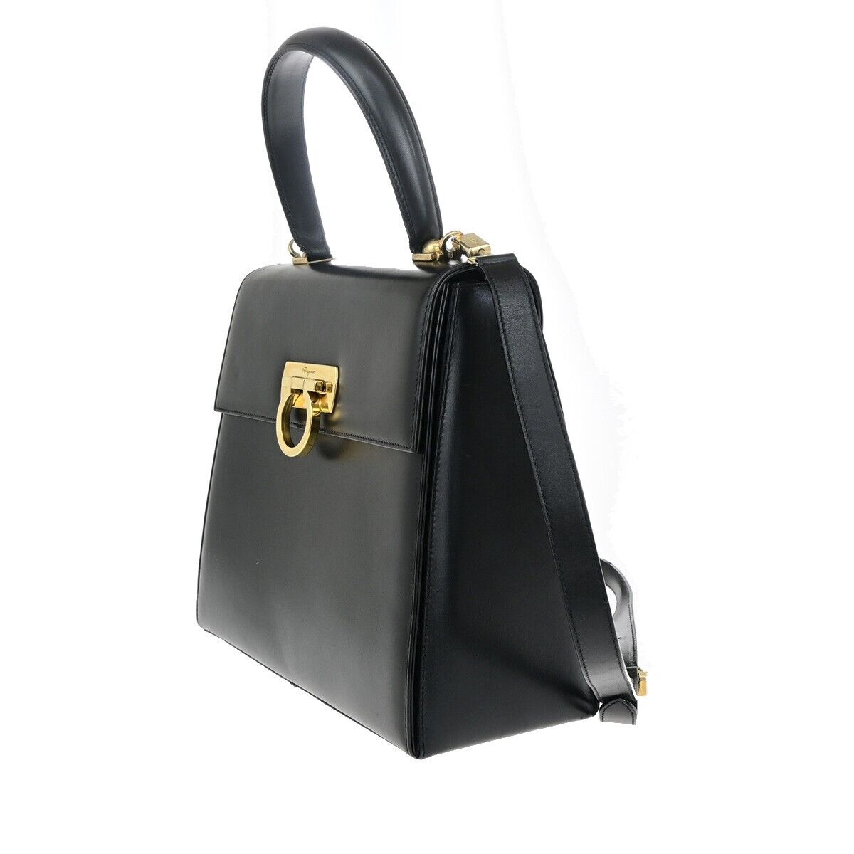 SALVATORE FERRAGAMO Gancini 2Way Shoulder Hand Bag Leather Black GHW 83EC641