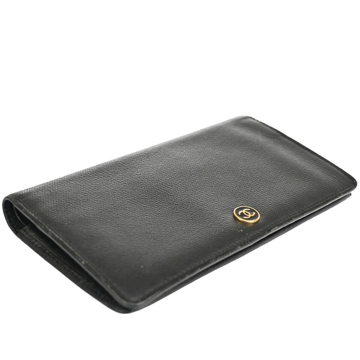 CHANEL CC Logo Long Bifold Wallet Purse Leather Black Gold Italy 66FA381