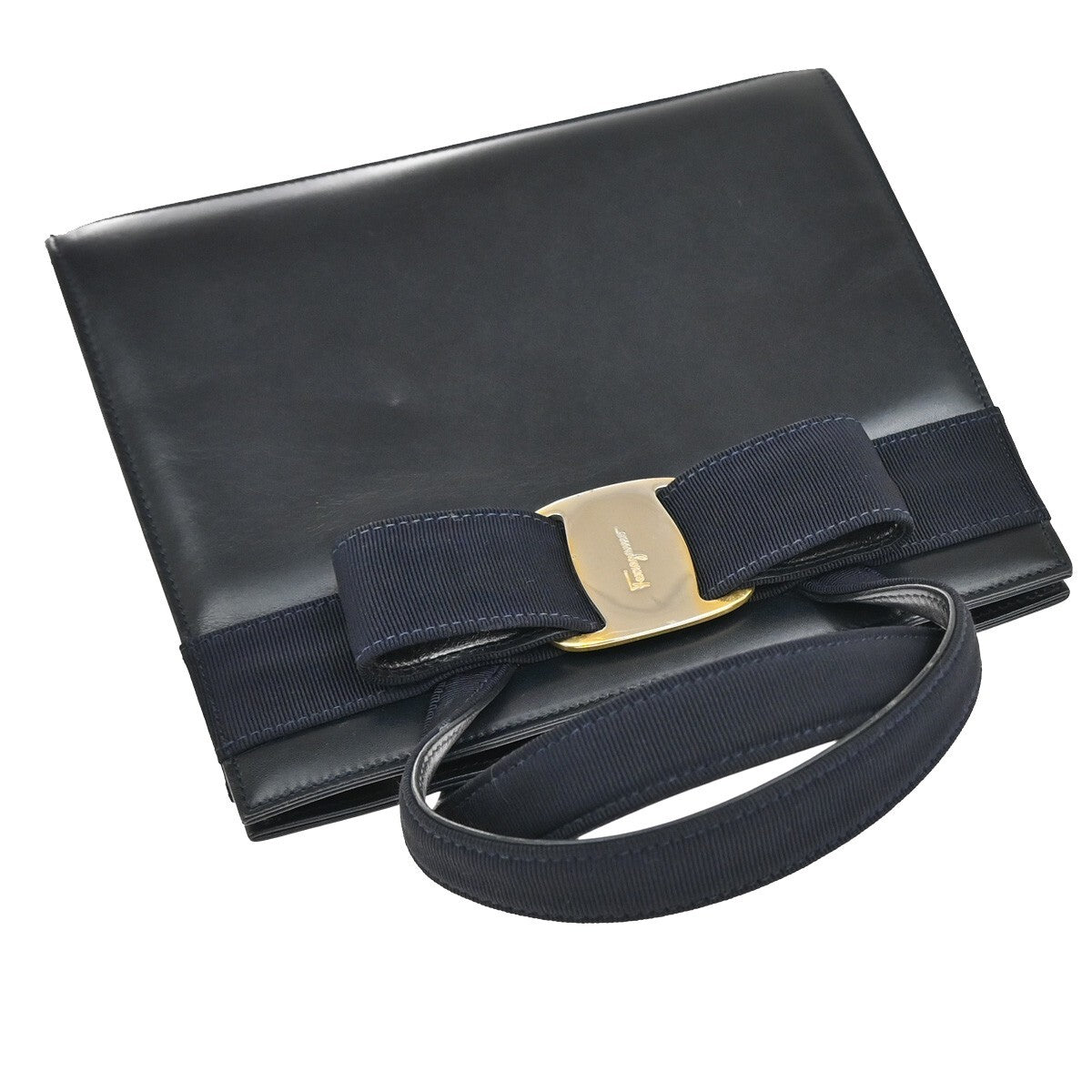 SALVATORE FERRAGAMO Logo Vara 2Way Shoulder Hand Bag Canvas Leather Blue 36FB807