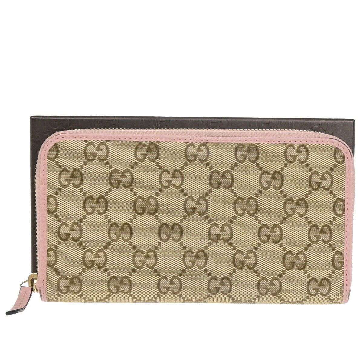 GUCCI GG Pattern Zip Aroung Long Wallet Purse Canvas Leather Brown Pink 69YF034