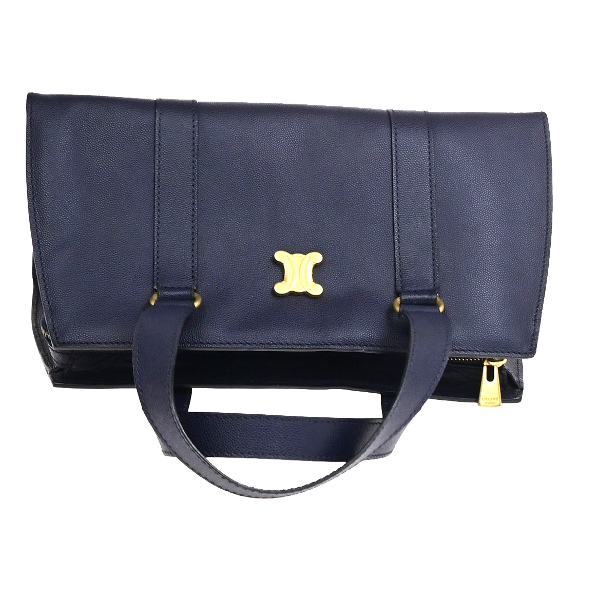 CELINE Logo Shoulder Hand Bag Grained Leather Navy Blue GHW Italy 65KD114