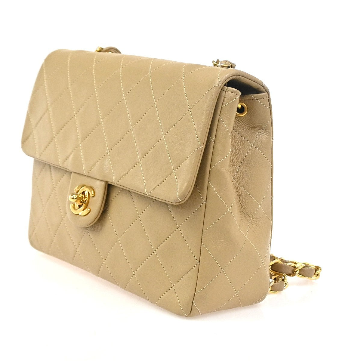 CHANEL CC Logo Mini Matelasse Chain Shoulder Bag Leather Beige GHW VTG 332RL878