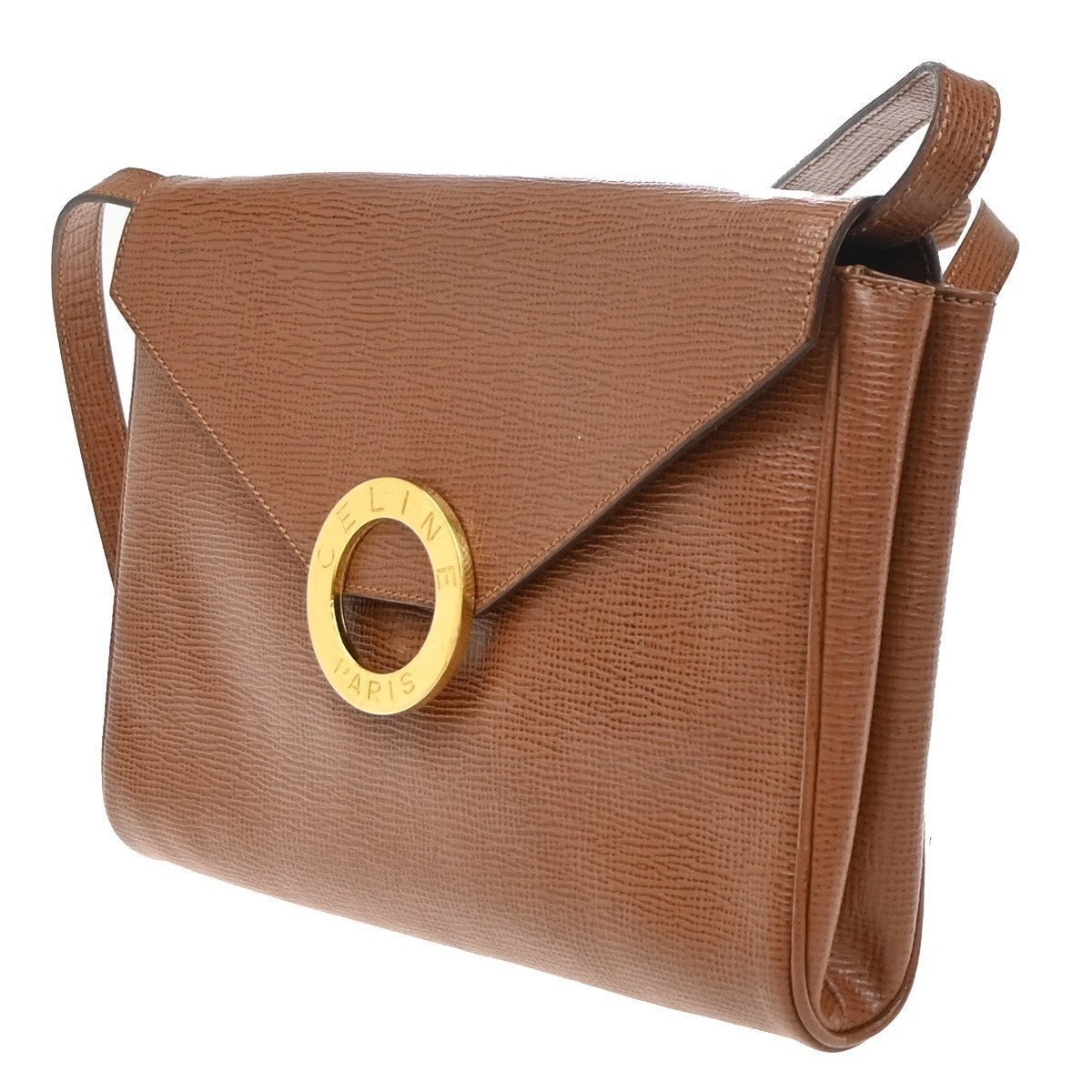 CELINE Logo Circle 2Way Shoulder Clutch Bag Leather Brown Gold Italy 83KP202