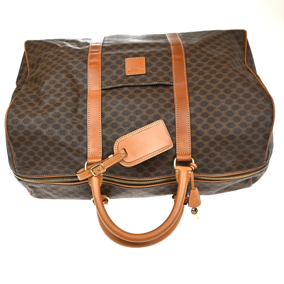 CELINE Logo Macadam Pattern Boston Hand Bag PVC Leather Brown GHW 30CA937