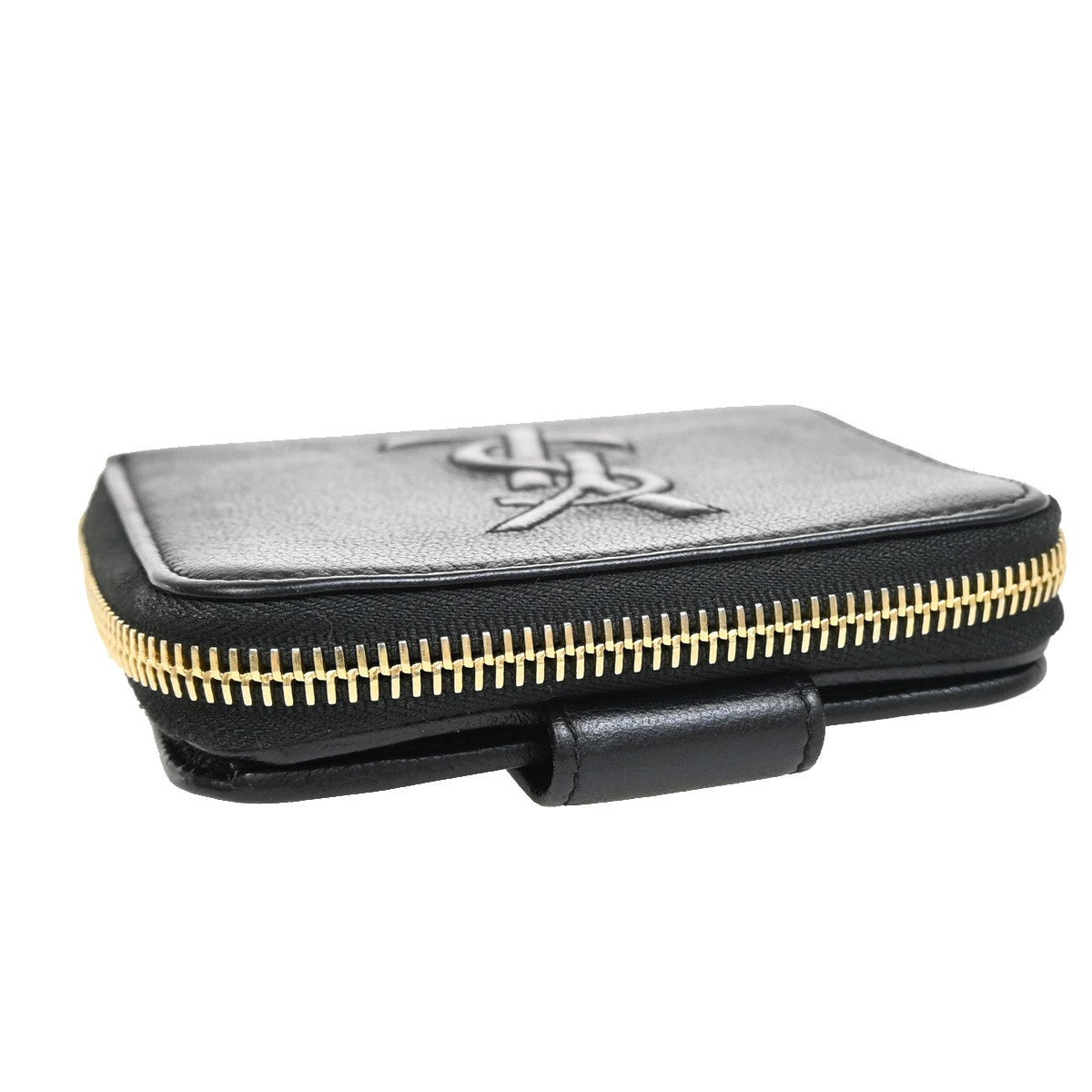 YVES SAINT LAURENT YSL Zipper Around Compact Wallet Purse Leather Black 31KA656