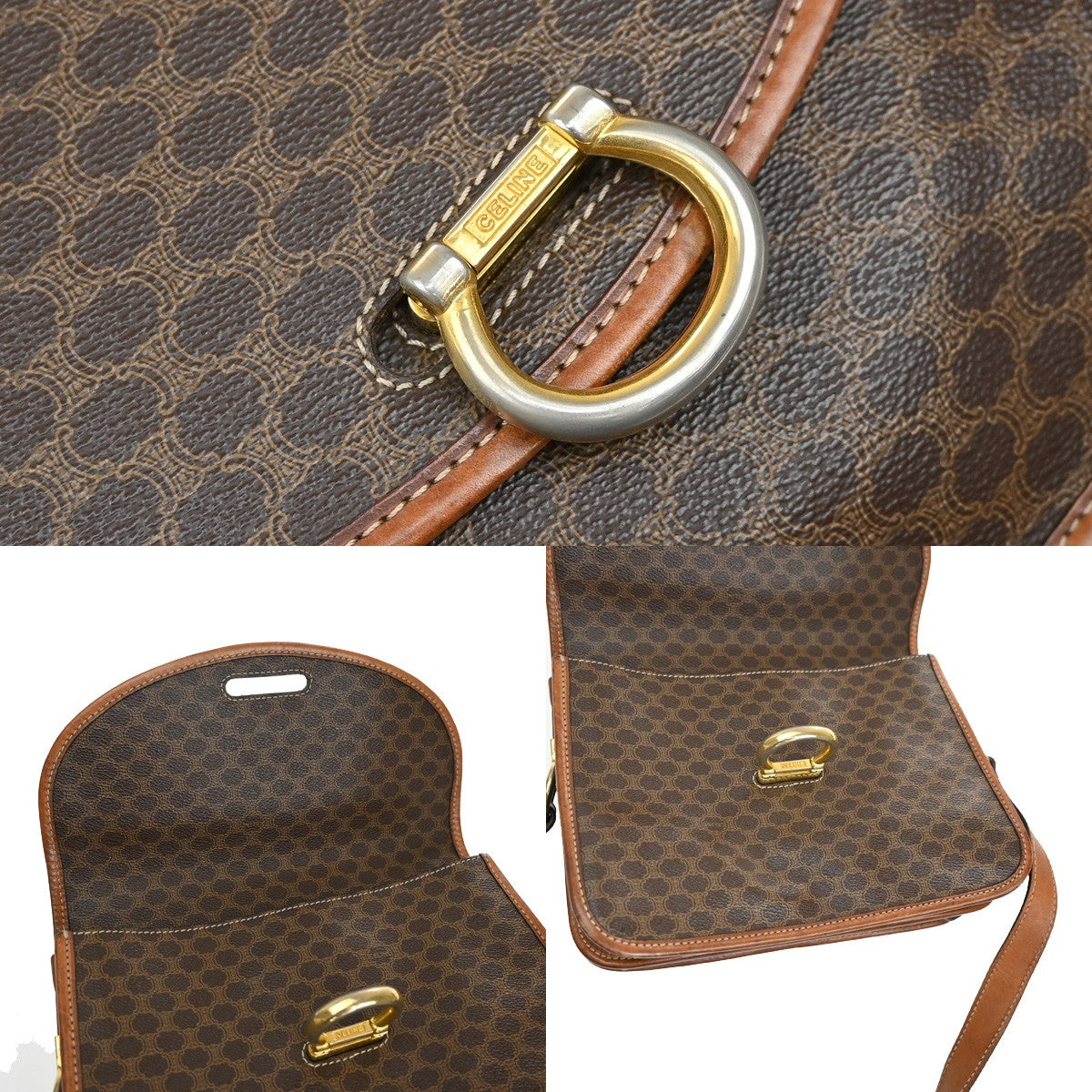 CELINE Logo Macadam Pattern Shoulder Bag PVC Leather Brown GHW 05YH782
