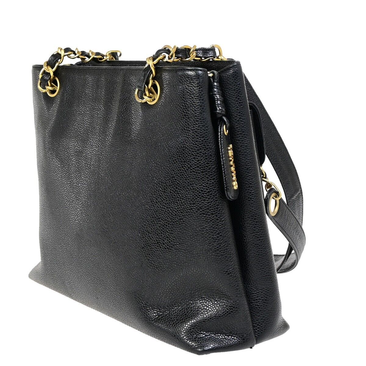 CHANEL CC Logo Chain Shoulder Bag Caviar Skin Leather Black GHW Italy 690RF155