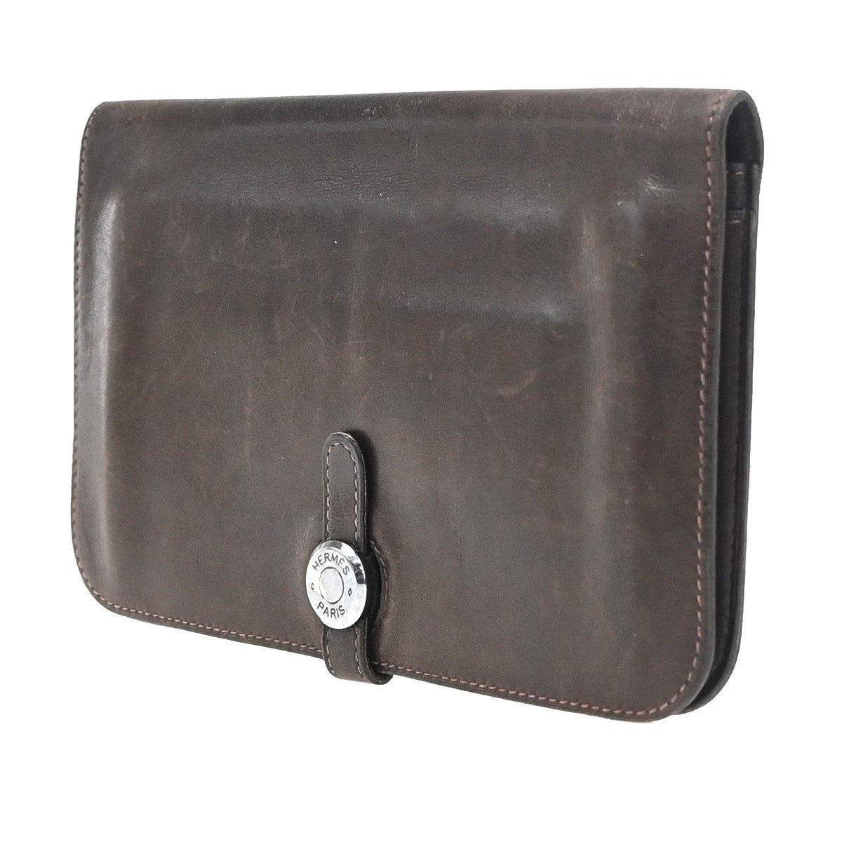 HERMES Logo Dogon GM Long Bifold Wallet Purse Box Calf Leather Brown SHW 39YH879
