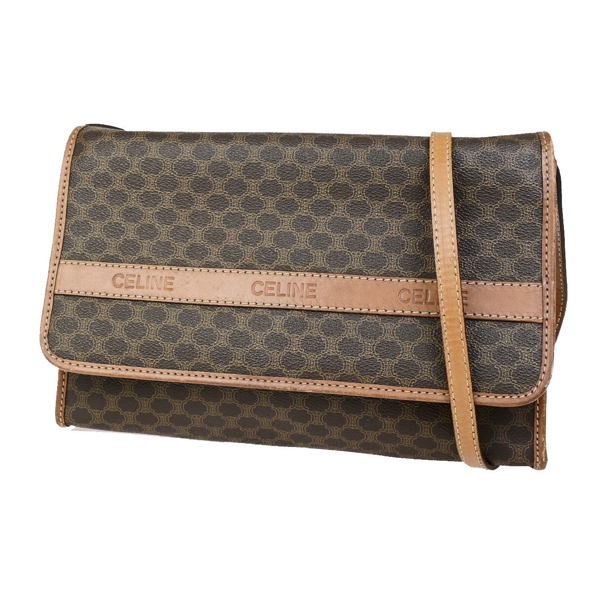 CELINE Logo Macadam Pattern Shoulder Bag PVC Leather Brown GHW Italy 65FB173