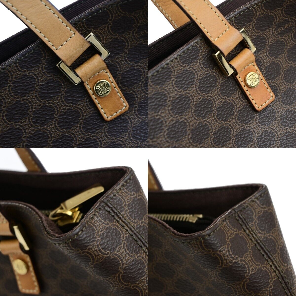 CELINE Logo Macadam Pattern Shoulder Tote Bag PVC Leather Brown GHW 34EC985