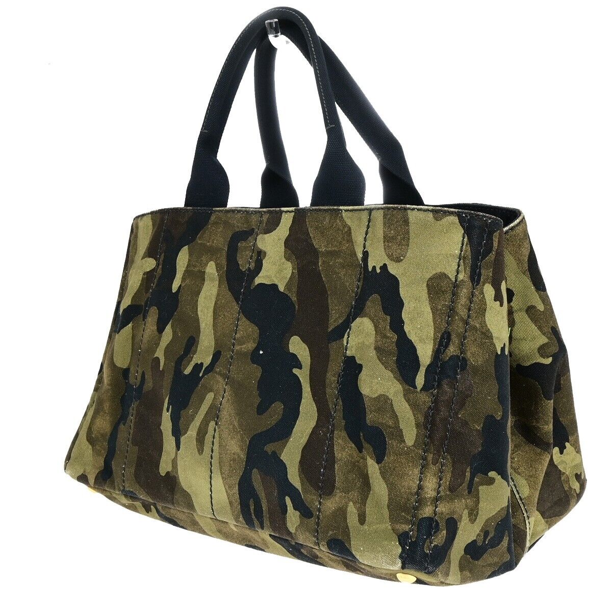 PRADA Logo Camouflage CANAPA Hand Tote Bag Canvas Leather Green GHW 77EC960