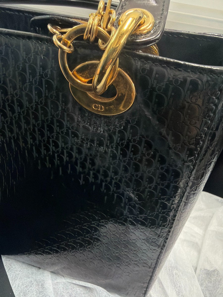 CHRISTIAN DIOR Logo Lady Trotter Hand Bag Patent Leather BK GHW Italy 603YJ239