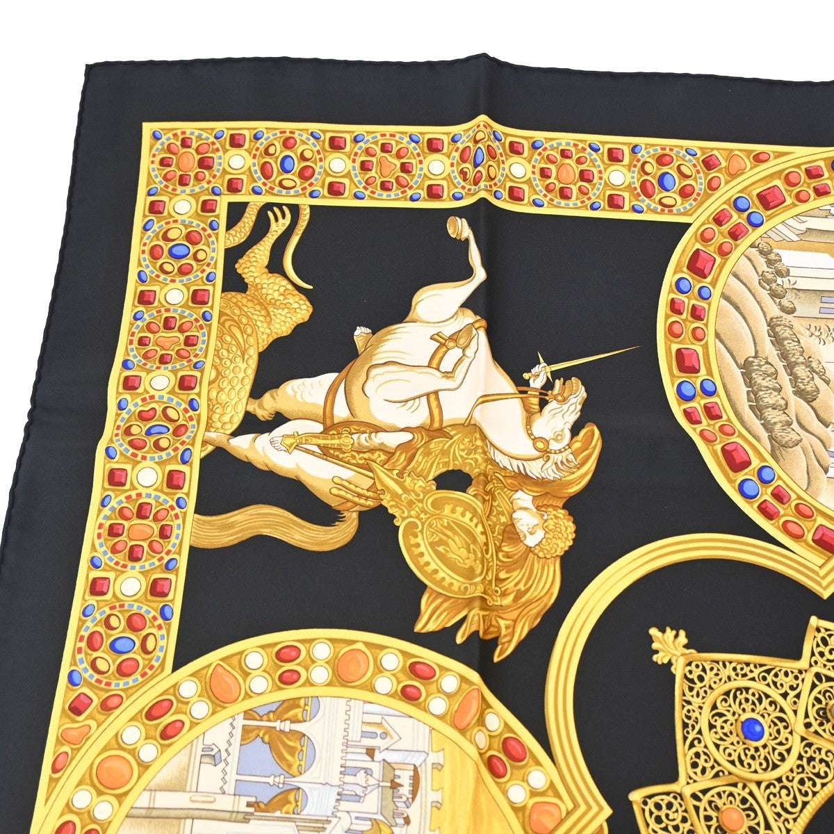 HERMES XL Carre Scarf Le Triomphe du Paladin 100% Silk Black Gold 69RL761