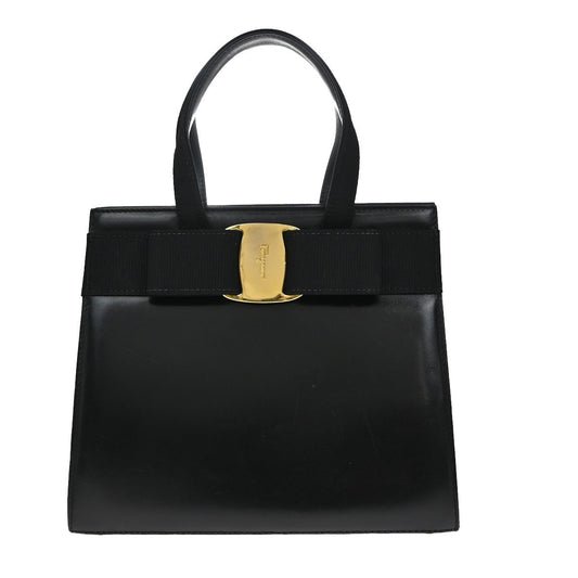 SALVATORE FERRAGAMO Logo Vara Hand Bag Leather Canvas Black GHW Italy 64KB165